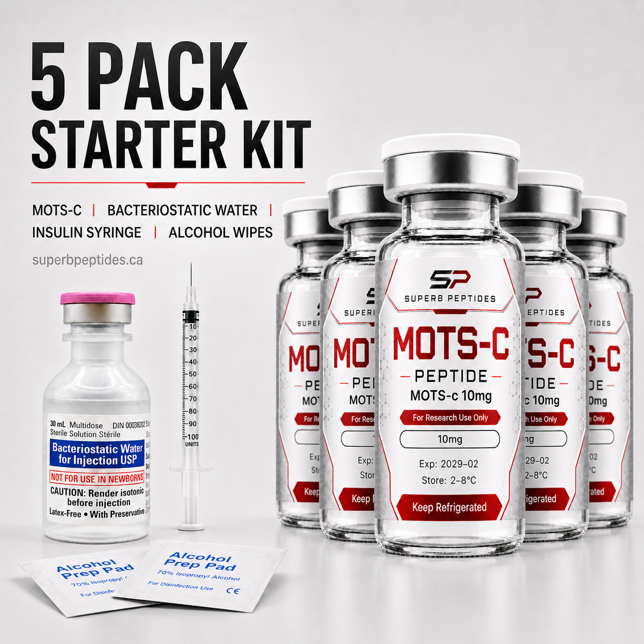 MOTS-c Starter Kit 5-Pack 5 × 10 mg / vial + supplies, vial (SP-MOTSC-10-KIT-5PK)
