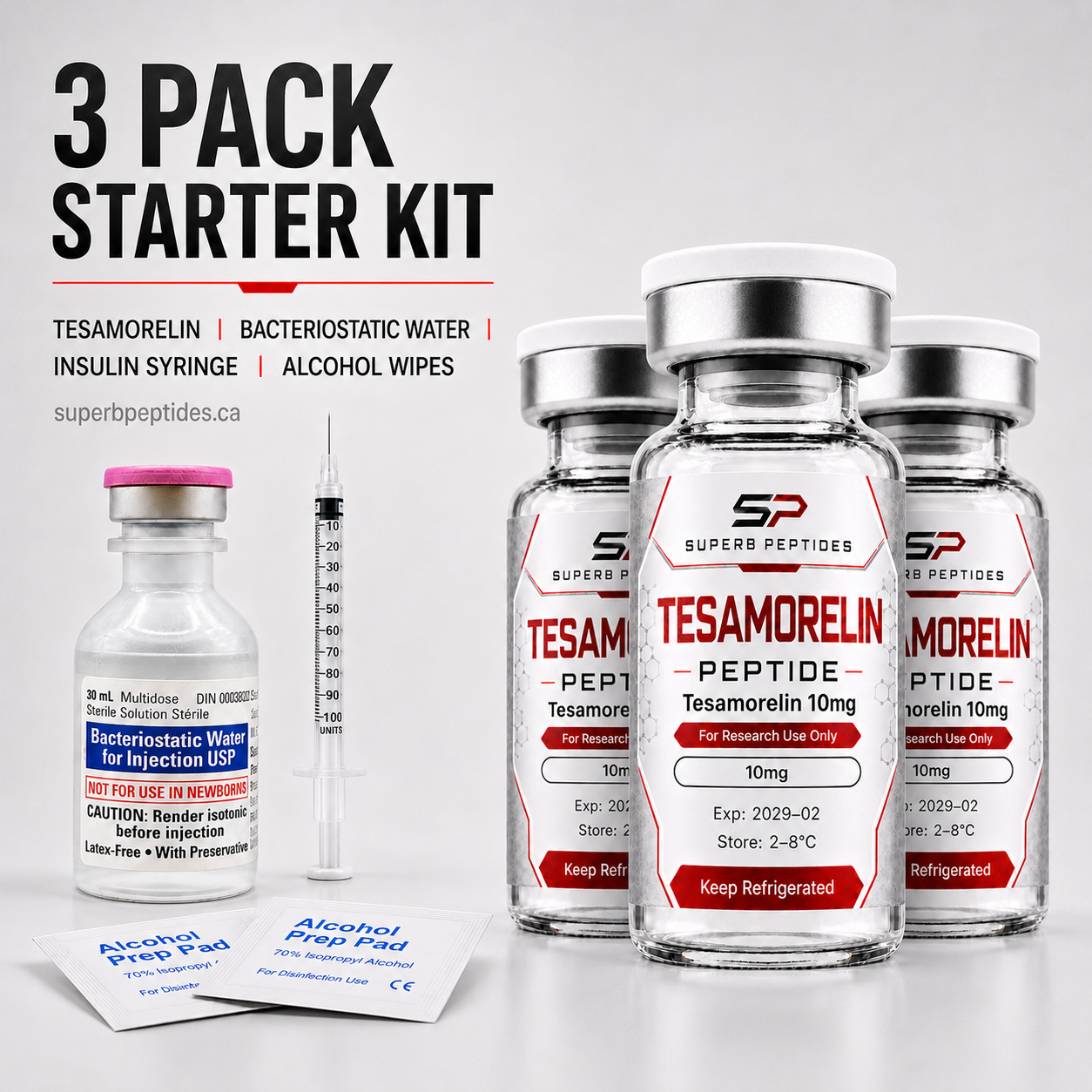 Tesamorelin Starter Kit 3-Pack 3 × 10 mg / vial + supplies, vial (SP-TESA-10-KIT-3PK)
