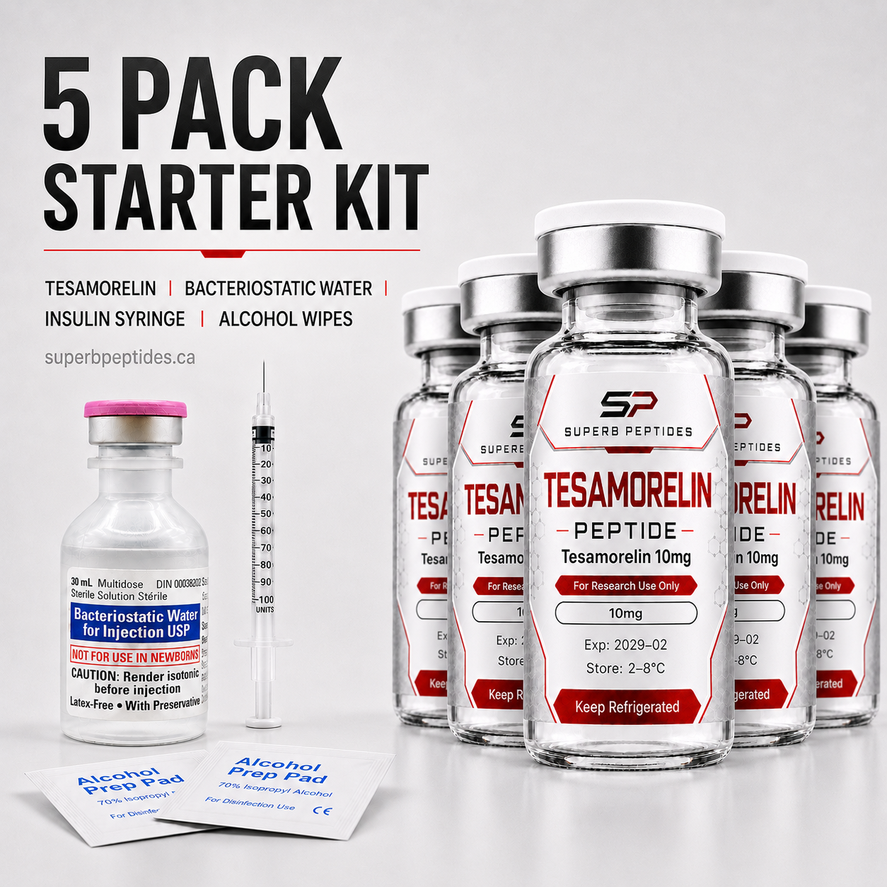 Tesamorelin Starter Kit 5-Pack 5 × 10 mg / vial + supplies, vial (SP-TESA-10-KIT-5PK)