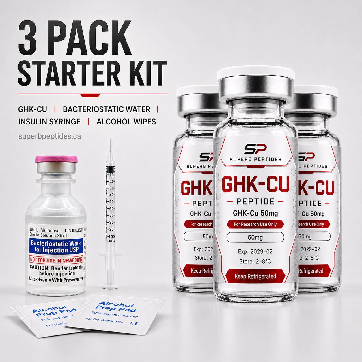 GHK-Cu Starter Kit 3-Pack 3 × 50 mg / vial + supplies