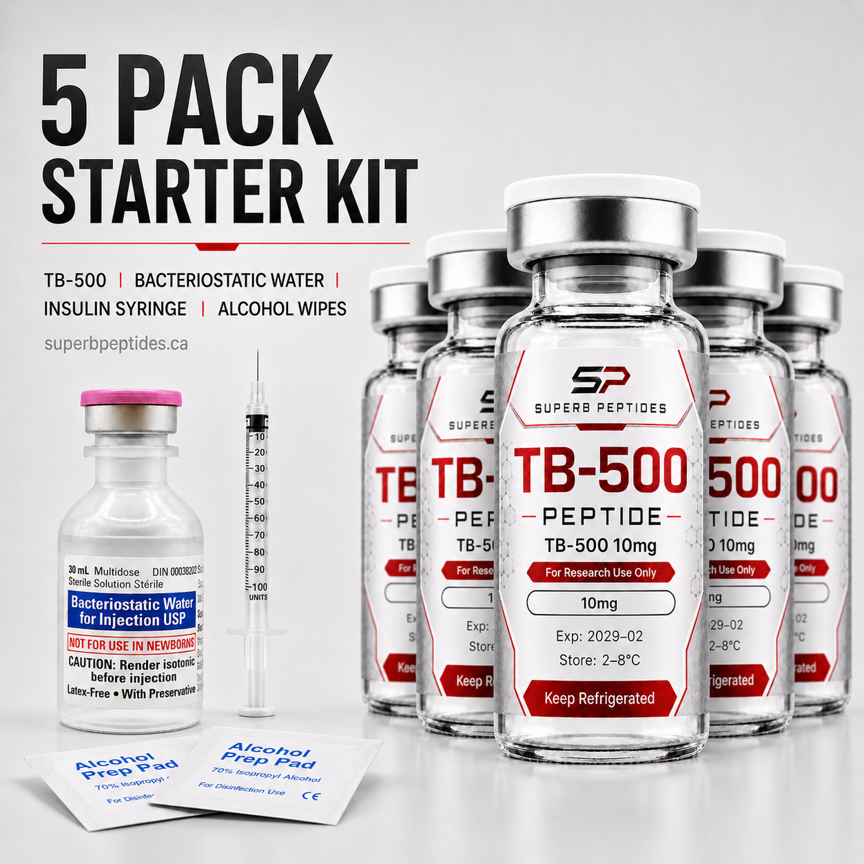 TB-500 Starter Kit 5-Pack 5 × 10 mg / vial + supplies research vial